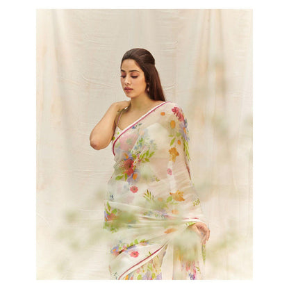 DOHR INDIA Arzoo White Floral Printed Organza Saree with Unstitched Blouse