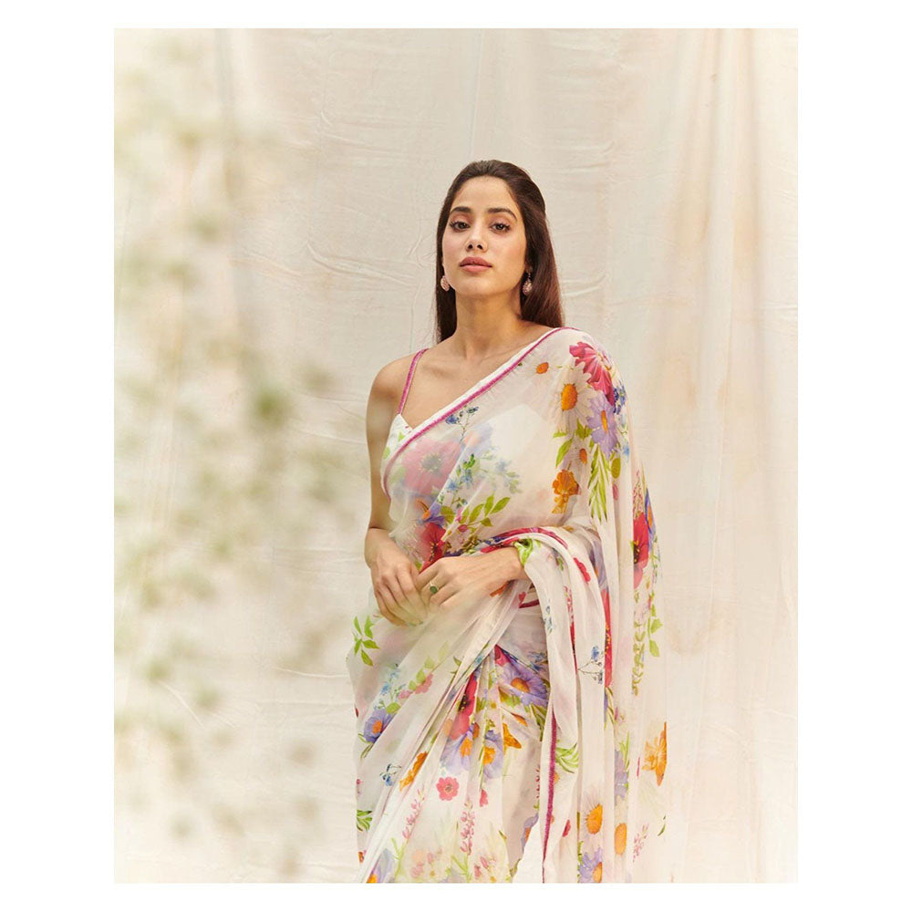 DOHR INDIA Arzoo White Floral Printed Organza Saree with Unstitched Blouse