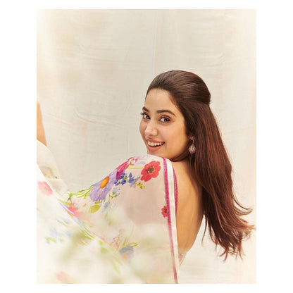 DOHR INDIA Arzoo White Floral Printed Organza Saree with Unstitched Blouse