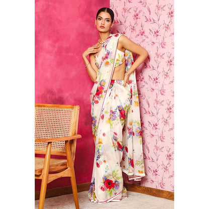 DOHR INDIA Arzoo White Floral Printed Organza Saree with Unstitched Blouse