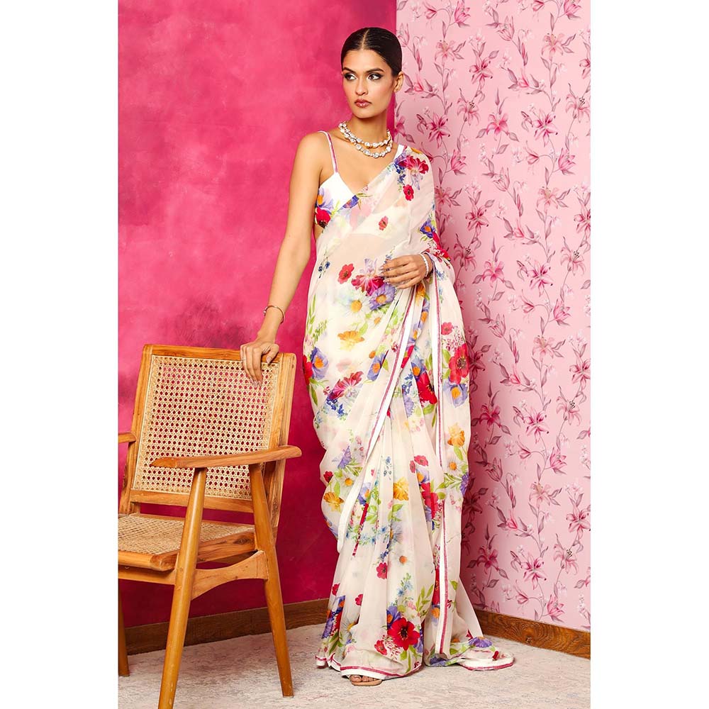DOHR INDIA Arzoo White Floral Printed Organza Saree with Unstitched Blouse