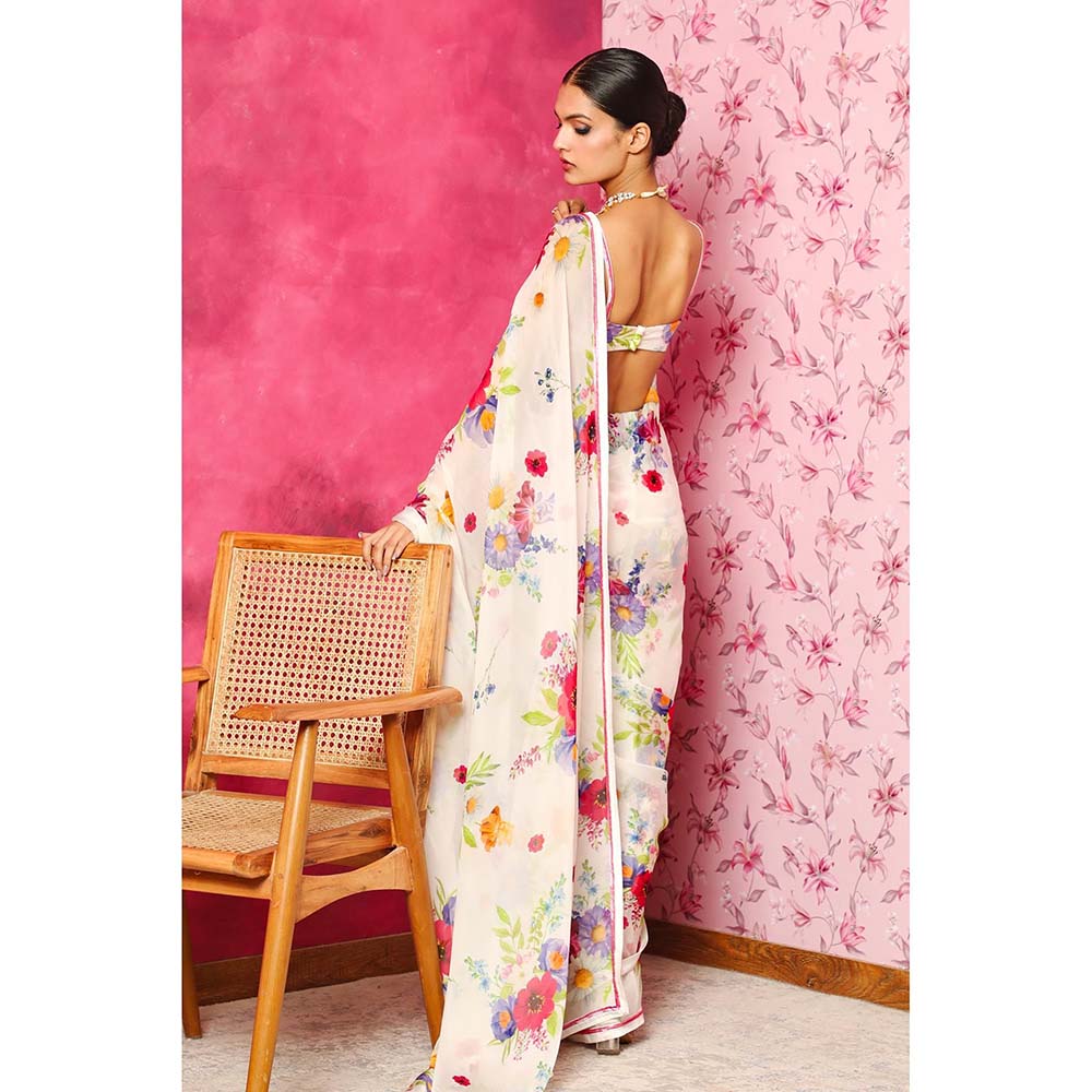 DOHR INDIA Arzoo White Floral Printed Organza Saree with Unstitched Blouse