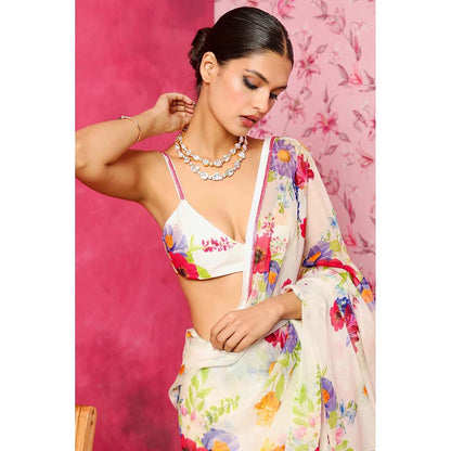 DOHR INDIA Arzoo White Floral Printed Organza Saree with Unstitched Blouse