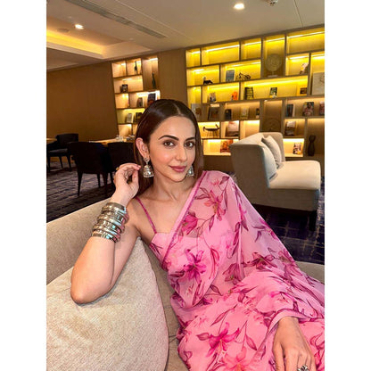 DOHR INDIA Aliya Pink Floral Printed Organza Saree with Unstitched Blouse