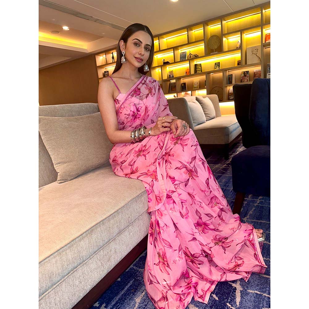 DOHR INDIA Aliya Pink Floral Printed Organza Saree with Unstitched Blouse