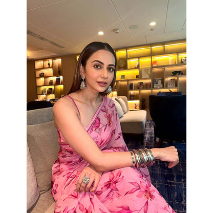 DOHR INDIA Aliya Pink Floral Printed Organza Saree with Unstitched Blouse