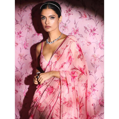 DOHR INDIA Aliya Pink Floral Printed Organza Saree with Unstitched Blouse