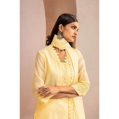 DOHR INDIA Maya Yellow Cotton Silk Chanderi Kurta with Pant and Dupatta (Set of 3)