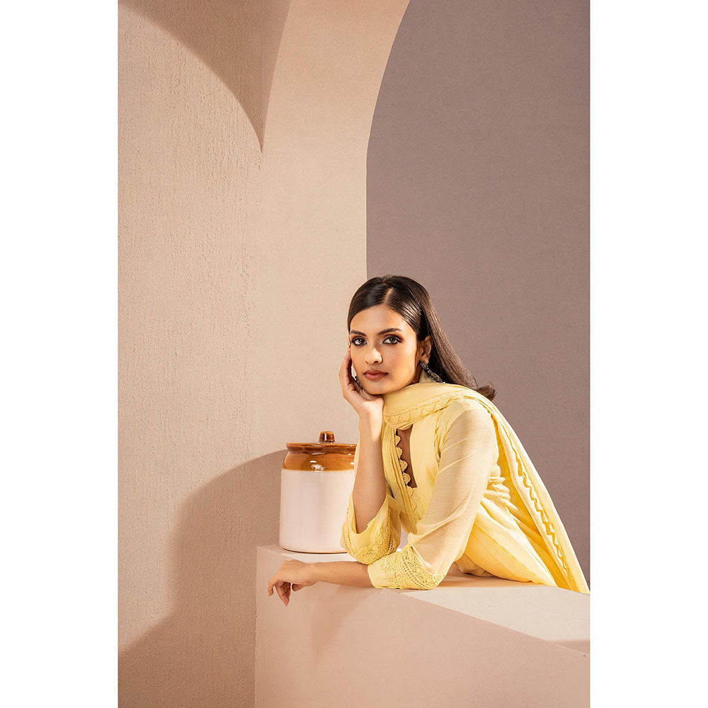 DOHR INDIA Maya Yellow Cotton Silk Chanderi Kurta with Pant and Dupatta (Set of 3)