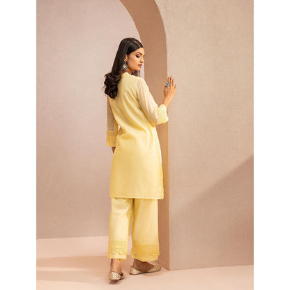 DOHR INDIA Maya Yellow Cotton Silk Chanderi Kurta with Pant and Dupatta (Set of 3)