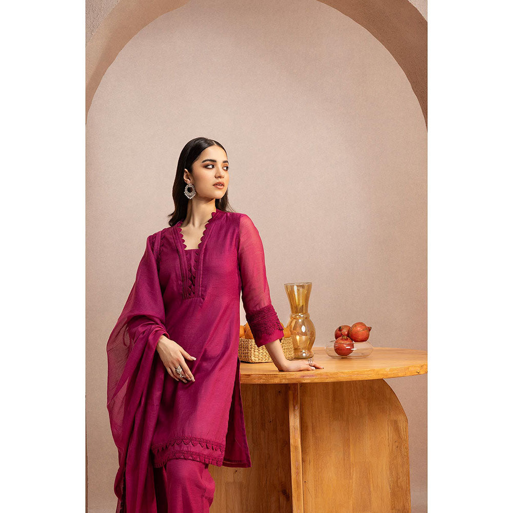 DOHR INDIA Maya Wine Cotton Silk Chanderi Kurta with Pant and Dupatta (Set of 3)