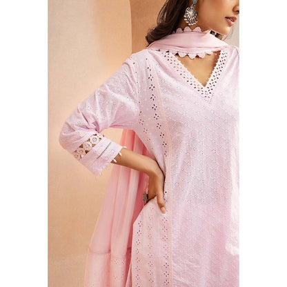 DOHR INDIA Zoya Pink Schiffli Embroidered Cotton Kurta with Pant and Dupatta (Set of 3)