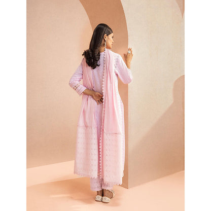 DOHR INDIA Zoya Pink Schiffli Embroidered Cotton Kurta with Pant and Dupatta (Set of 3)