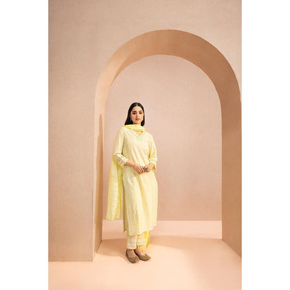 DOHR INDIA Zoya Yellow Schiffli Embroidered Cotton Kurta with Pant and Dupatta (Set of 3)