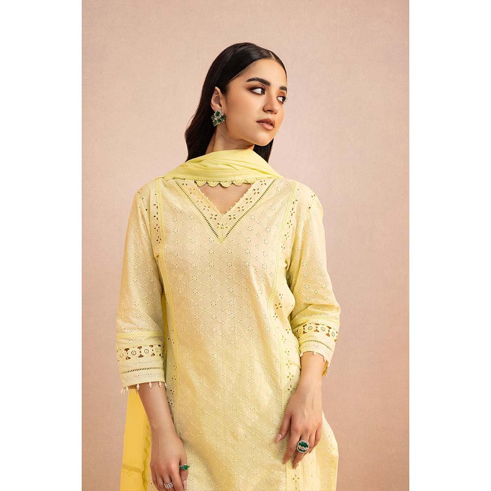 DOHR INDIA Zoya Yellow Schiffli Embroidered Cotton Kurta with Pant and Dupatta (Set of 3)
