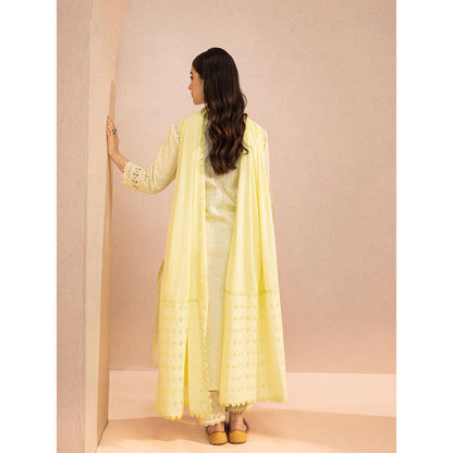 DOHR INDIA Zoya Yellow Schiffli Embroidered Cotton Kurta with Pant and Dupatta (Set of 3)