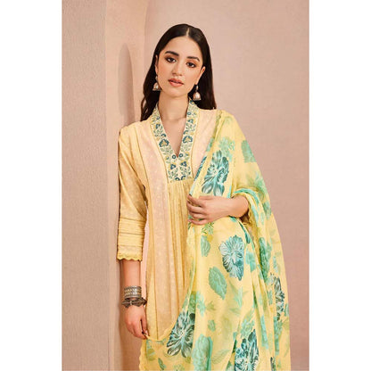 DOHR INDIA Sumana Yellow Cotton Slub Anarkali Kurta with Palazzo and Dupatta (Set of 3)