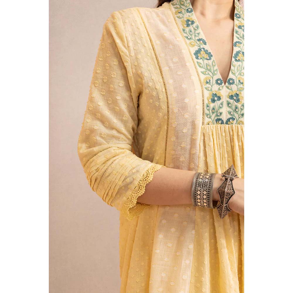 DOHR INDIA Sumana Yellow Cotton Slub Anarkali Kurta with Palazzo and Dupatta (Set of 3)