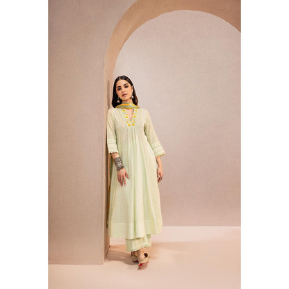 DOHR INDIA Sumana Green Cotton Slub Anarkali Kurta with Palazzo and Dupatta (Set of 3)