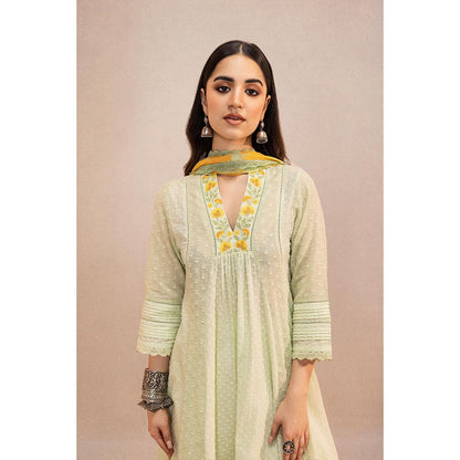 DOHR INDIA Sumana Green Cotton Slub Anarkali Kurta with Palazzo and Dupatta (Set of 3)