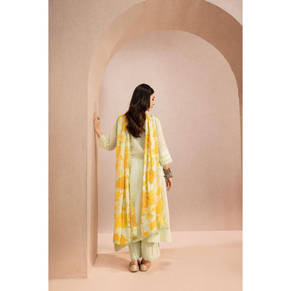 DOHR INDIA Sumana Green Cotton Slub Anarkali Kurta with Palazzo and Dupatta (Set of 3)