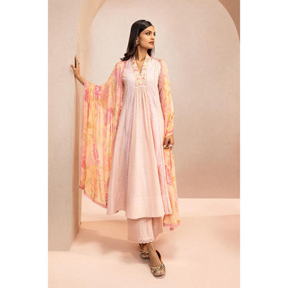 DOHR INDIA Sumana Pink Cotton Slub Jacquard Anarkali Kurta with Palazzo and Dupatta (Set of 3)