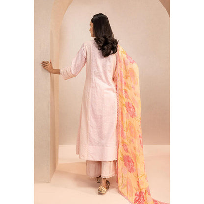 DOHR INDIA Sumana Pink Cotton Slub Jacquard Anarkali Kurta with Palazzo and Dupatta (Set of 3)