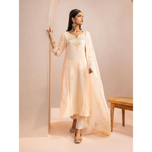 DOHR INDIA Jasmine Peach Schiffli Cotton Dobby Kurta with Pant and Dupatta (Set of 3)