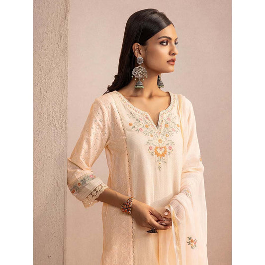 DOHR INDIA Jasmine Peach Schiffli Cotton Dobby Kurta with Pant and Dupatta (Set of 3)
