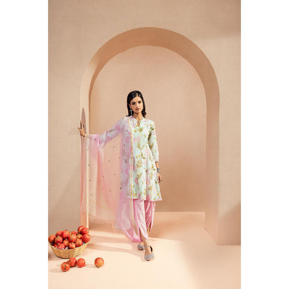 DOHR INDIA Zahur Blue Floral Printed Cotton Dobby Kurta with Dhoti Pant and Dupatta (Set of 3)