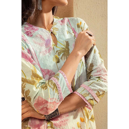 DOHR INDIA Zahur Blue Floral Printed Cotton Dobby Kurta with Dhoti Pant and Dupatta (Set of 3)