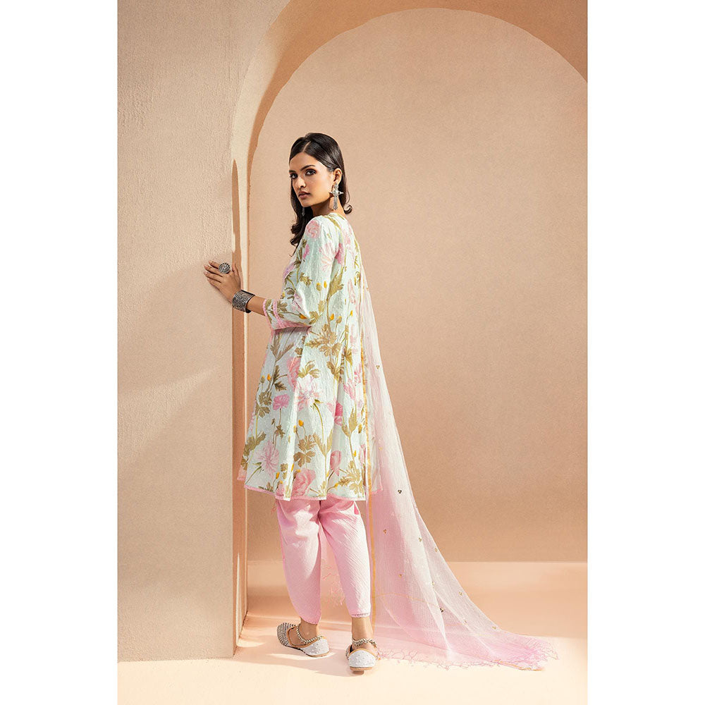 DOHR INDIA Zahur Blue Floral Printed Cotton Dobby Kurta with Dhoti Pant and Dupatta (Set of 3)