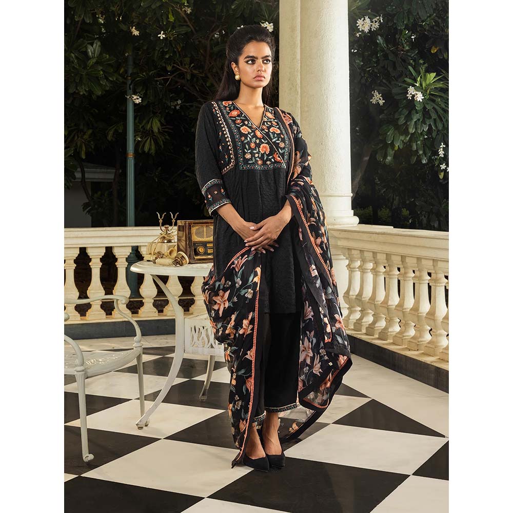 DOHR INDIA Mahi Black Jacquard Short A-Line Kurta with Pant and Dupatta (Set of 3)