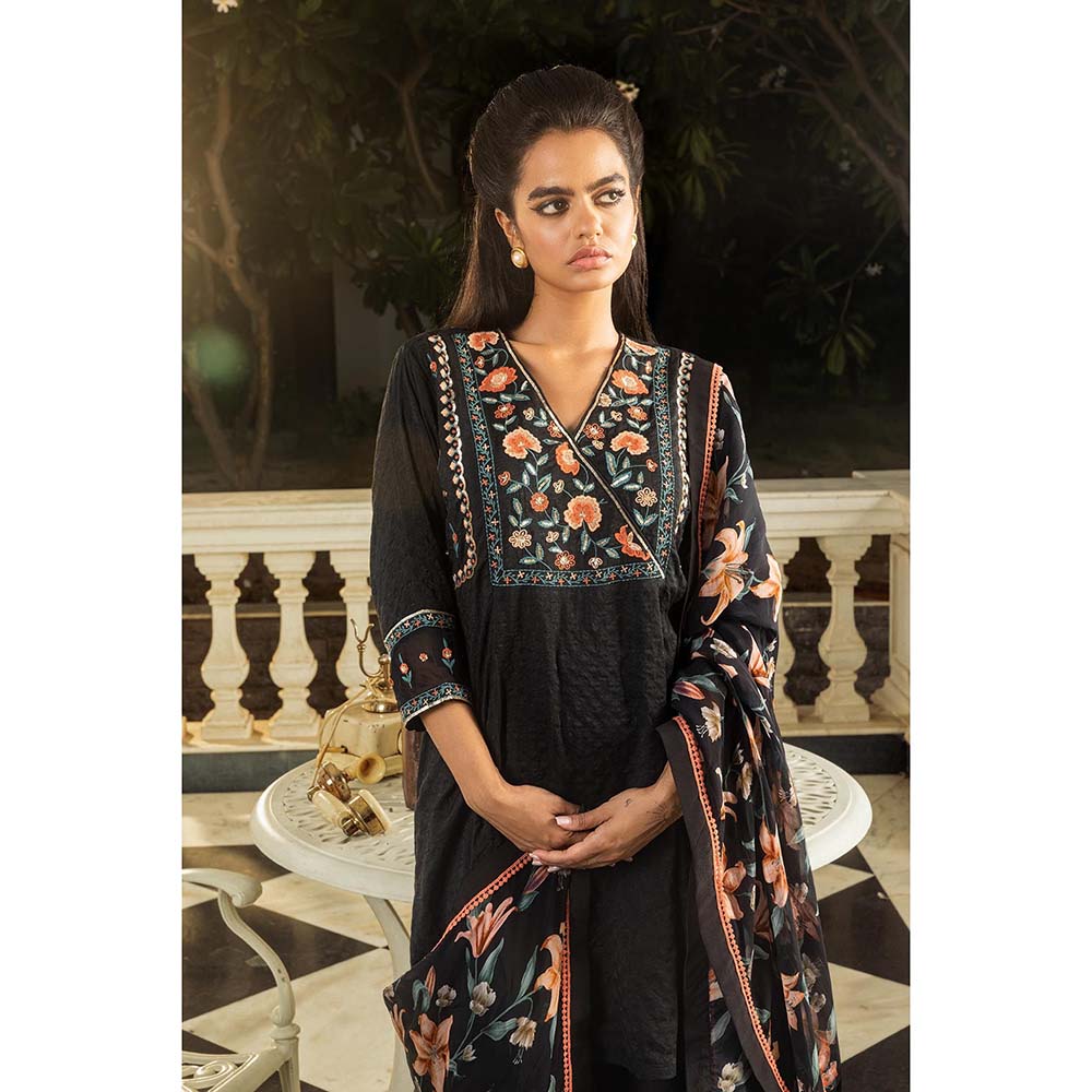 DOHR INDIA Mahi Black Jacquard Short A-Line Kurta with Pant and Dupatta (Set of 3)