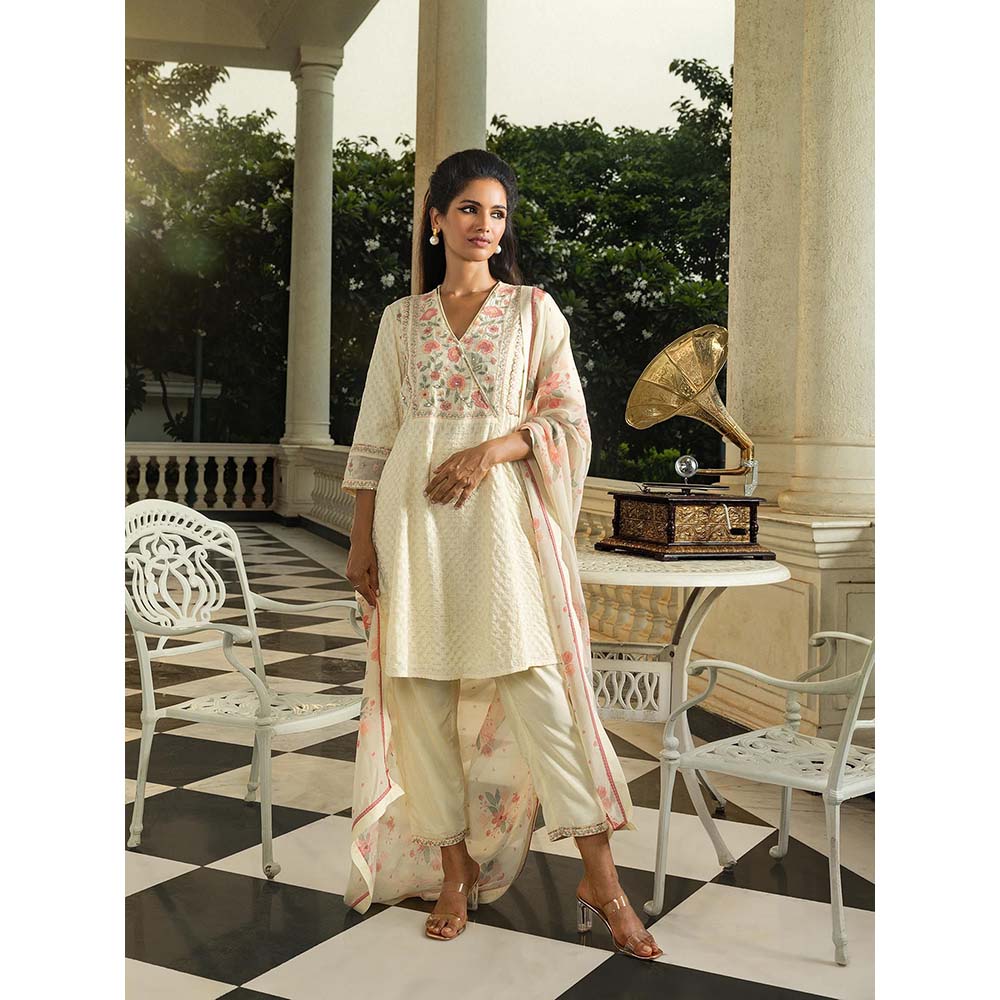 DOHR INDIA Meera Ivory Jacquard Short A-Line Kurta with Pant and Dupatta (Set of 3)