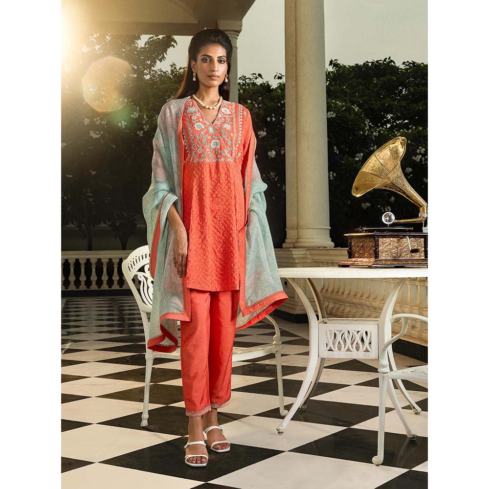 DOHR INDIA Myra Red Jacquard Short A-Line Kurta with Pant and Dupatta (Set of 3)