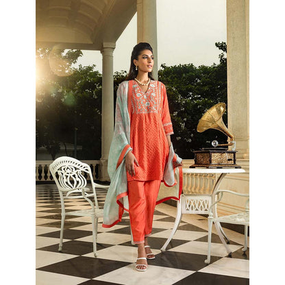 DOHR INDIA Myra Red Jacquard Short A-Line Kurta with Pant and Dupatta (Set of 3)