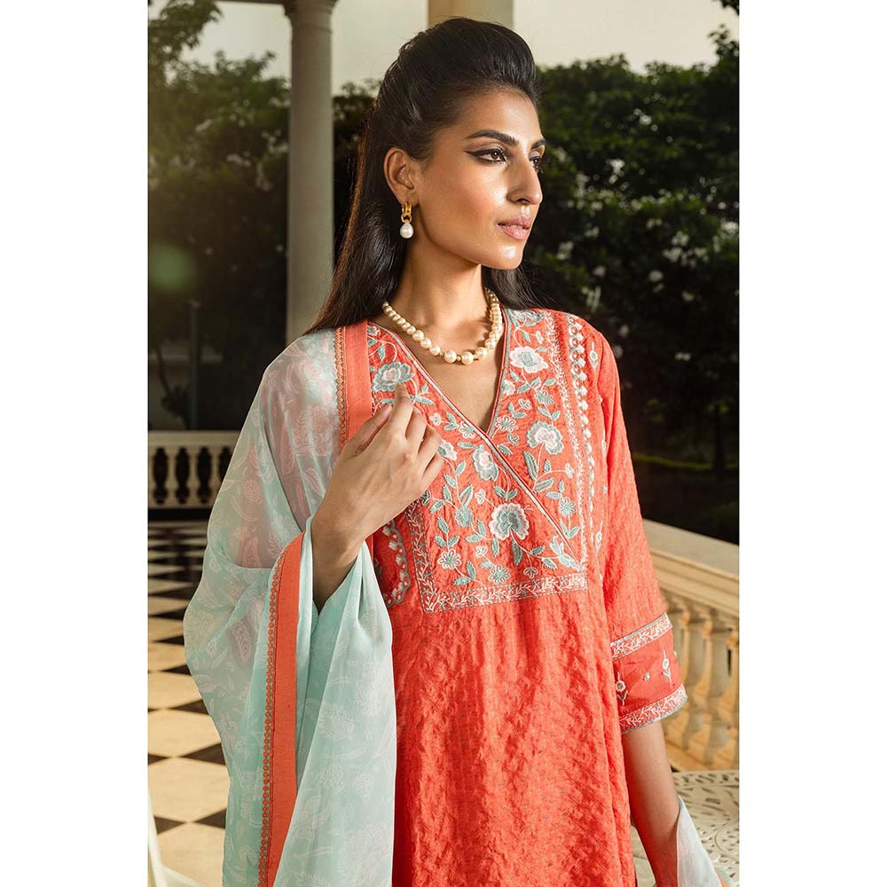 DOHR INDIA Myra Red Jacquard Short A-Line Kurta with Pant and Dupatta (Set of 3)