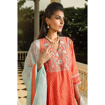 DOHR INDIA Myra Red Jacquard Short A-Line Kurta with Pant and Dupatta (Set of 3)