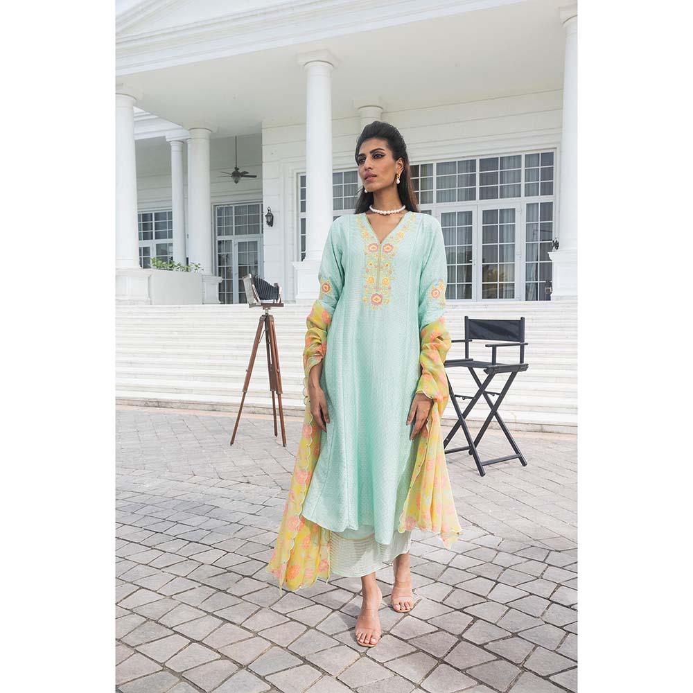 DOHR INDIA Geet Turquoise Jacquard A-Line Kurta with Pant and Dupatta (Set of 3)