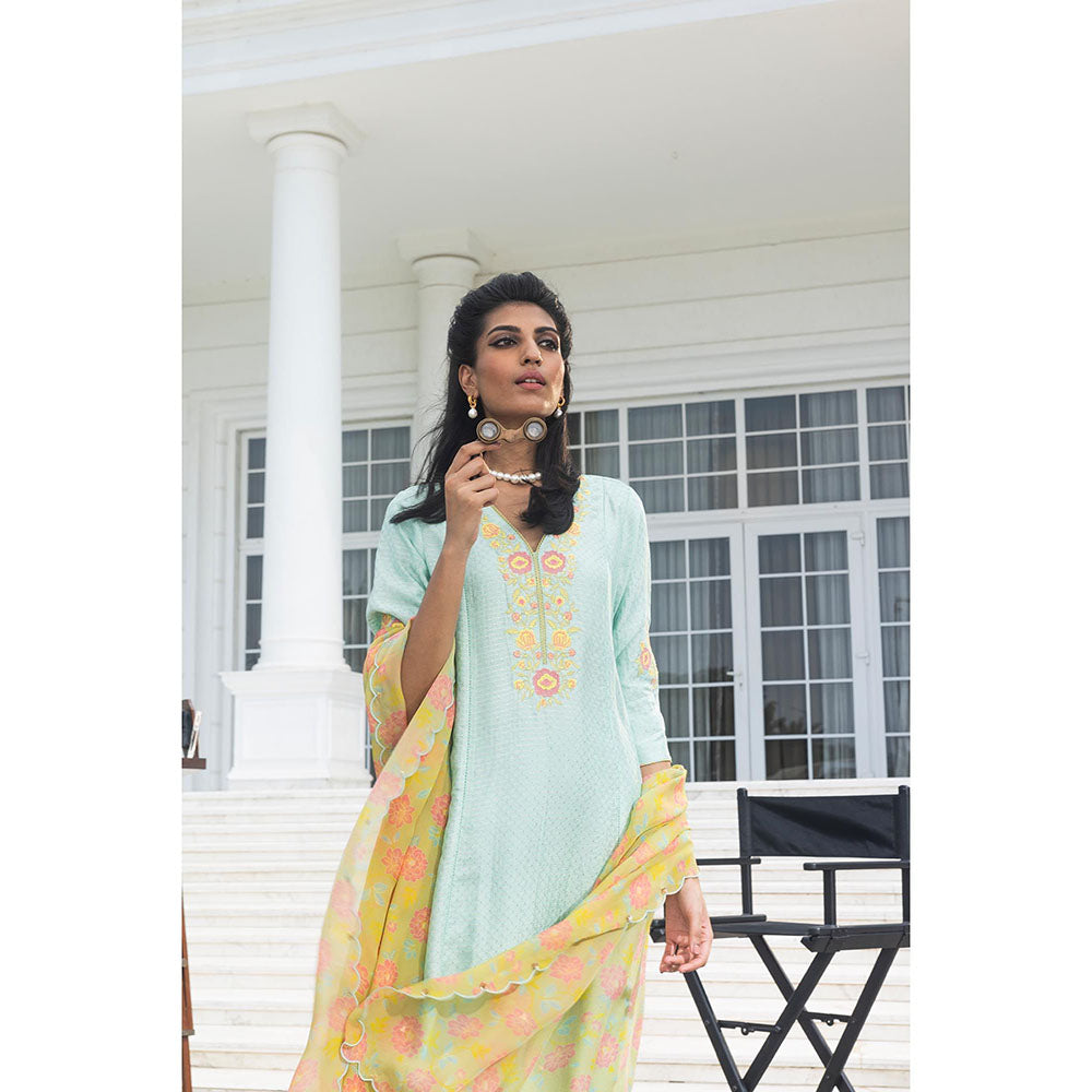 DOHR INDIA Geet Turquoise Jacquard A-Line Kurta with Pant and Dupatta (Set of 3)