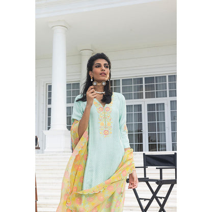 DOHR INDIA Geet Turquoise Jacquard A-Line Kurta with Pant and Dupatta (Set of 3)