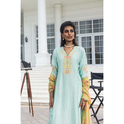 DOHR INDIA Geet Turquoise Jacquard A-Line Kurta with Pant and Dupatta (Set of 3)