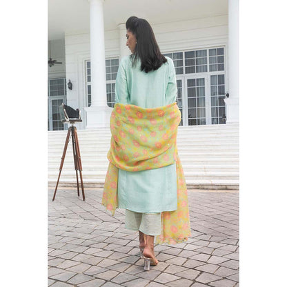 DOHR INDIA Geet Turquoise Jacquard A-Line Kurta with Pant and Dupatta (Set of 3)