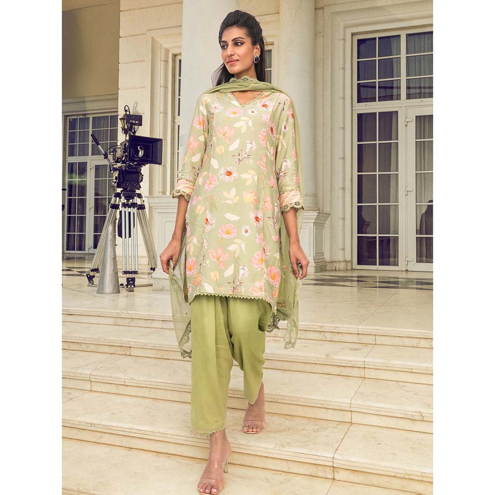 DOHR INDIA Nehal Olive Floral Printed Kurta with Pant and Dupatta (Set of 3)