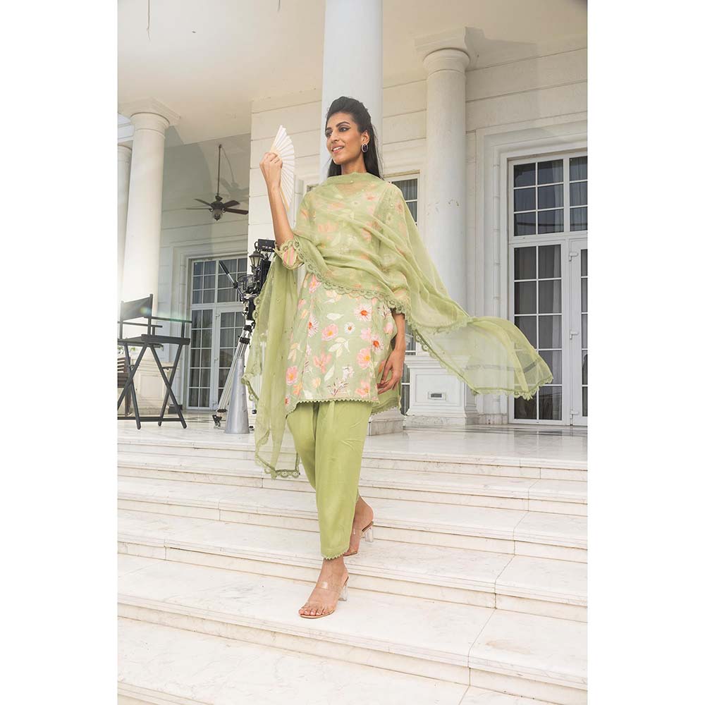 DOHR INDIA Nehal Olive Floral Printed Kurta with Pant and Dupatta (Set of 3)