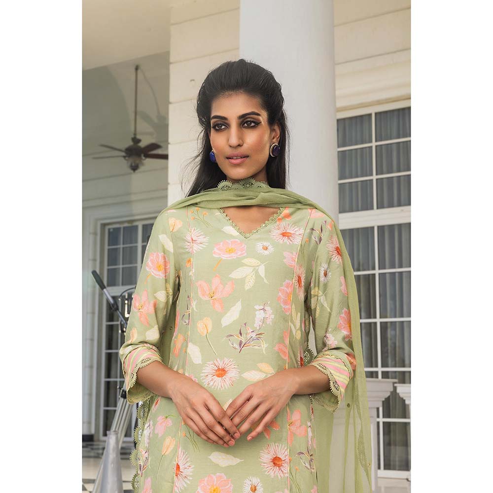DOHR INDIA Nehal Olive Floral Printed Kurta with Pant and Dupatta (Set of 3)