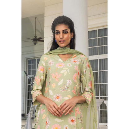 DOHR INDIA Nehal Olive Floral Printed Kurta with Pant and Dupatta (Set of 3)