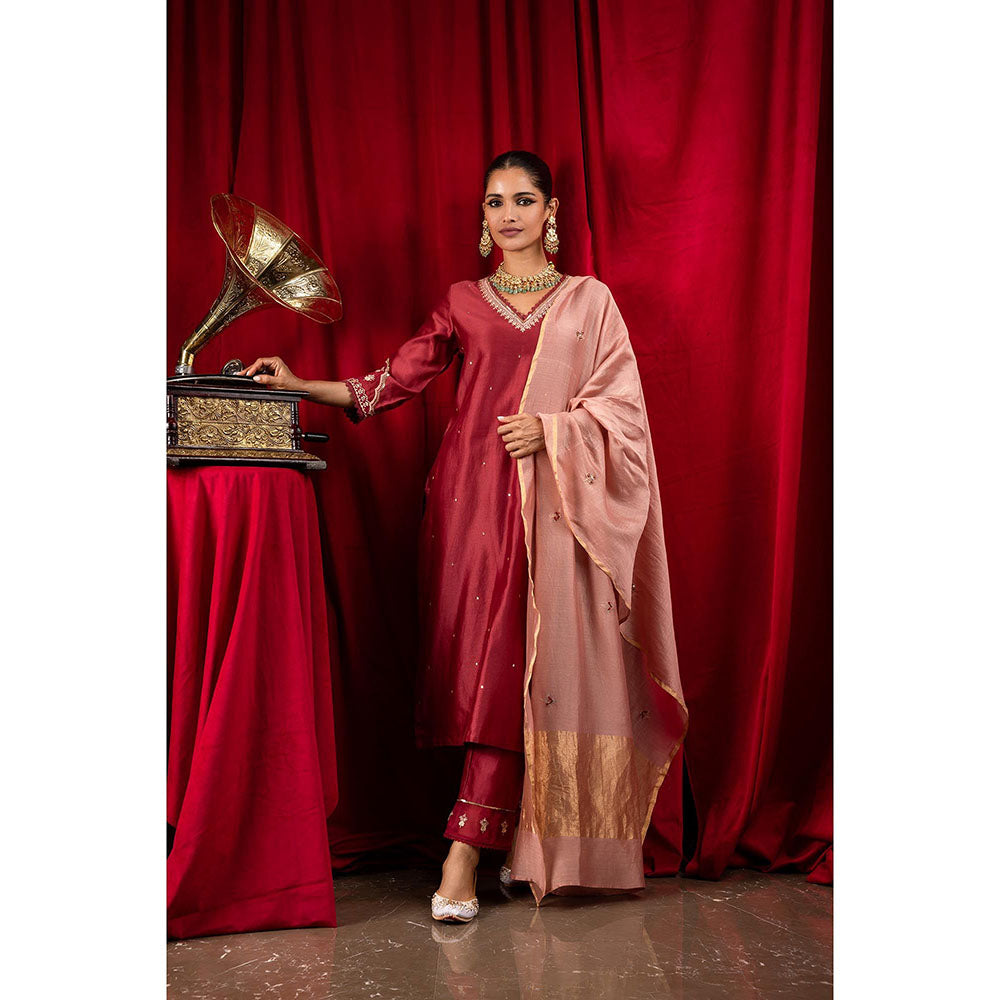 DOHR INDIA Reha Red Silk Chanderi Kurta with Pant and Dupatta (Set of 3)