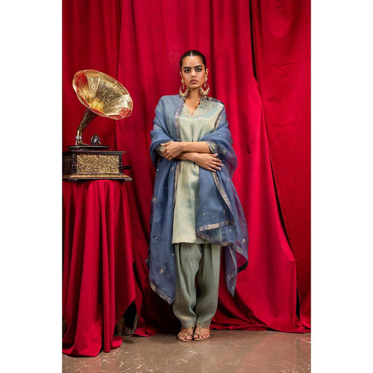 DOHR INDIA Sanya Blue Tissue Short A-Line Kurta with Salwar and Dupatta (Set of 3)